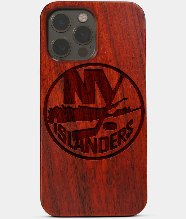 Carved Wood New York Islanders iPhone 13 Pro Max Case | Custom NY Islanders Gift, Birthday Gift | Personalized Mahogany Wood Cover, Gifts For Him, Monogrammed Gift For Fan | by Engraved In Nature