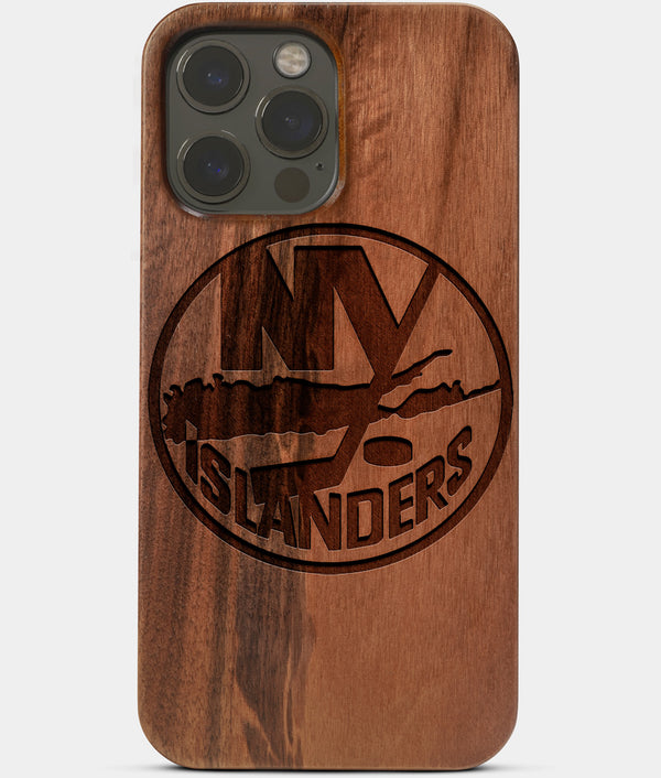 Carved Wood New York Islanders iPhone 13 Pro Max Case | Custom NY Islanders Gift, Birthday Gift | Personalized Mahogany Wood Cover, Gifts For Him, Monogrammed Gift For Fan | by Engraved In Nature