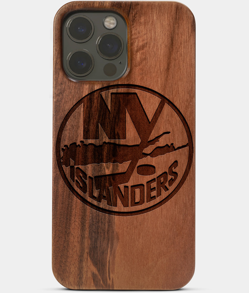 Carved Wood New York Islanders iPhone 13 Pro Max Case | Custom NY Islanders Gift, Birthday Gift | Personalized Mahogany Wood Cover, Gifts For Him, Monogrammed Gift For Fan | by Engraved In Nature