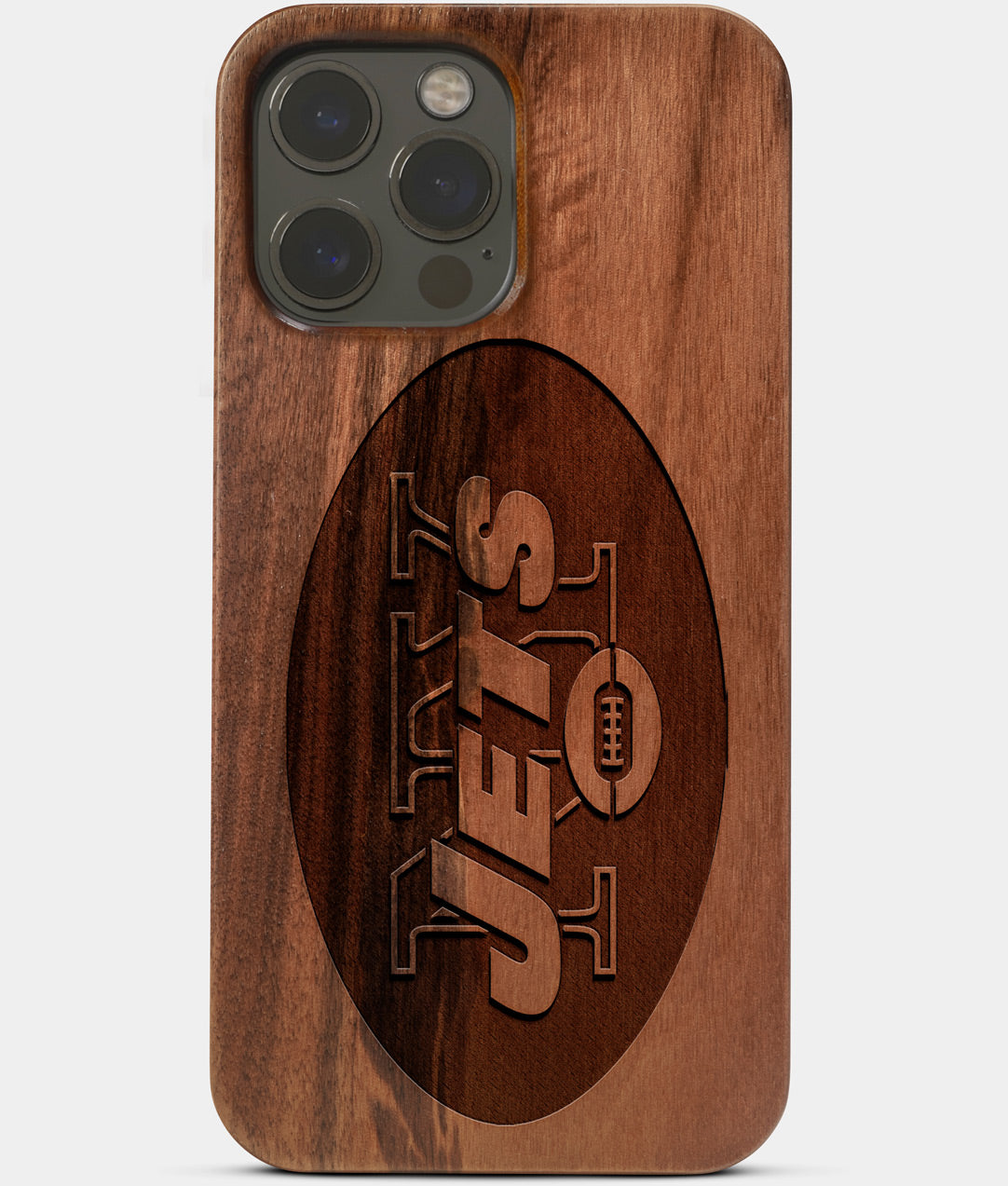 Carved Wood New York Jets iPhone 13 Pro Case | Custom NY Jets Gift, Birthday Gift | Personalized Mahogany Wood Cover, Gifts For Him, Monogrammed Gift For Fan | by Engraved In Nature