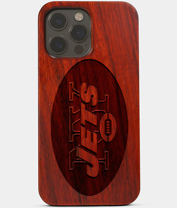 Carved Wood New York Jets iPhone 13 Pro Max Case | Custom NY Jets Gift, Birthday Gift | Personalized Mahogany Wood Cover, Gifts For Him, Monogrammed Gift For Fan | by Engraved In Nature