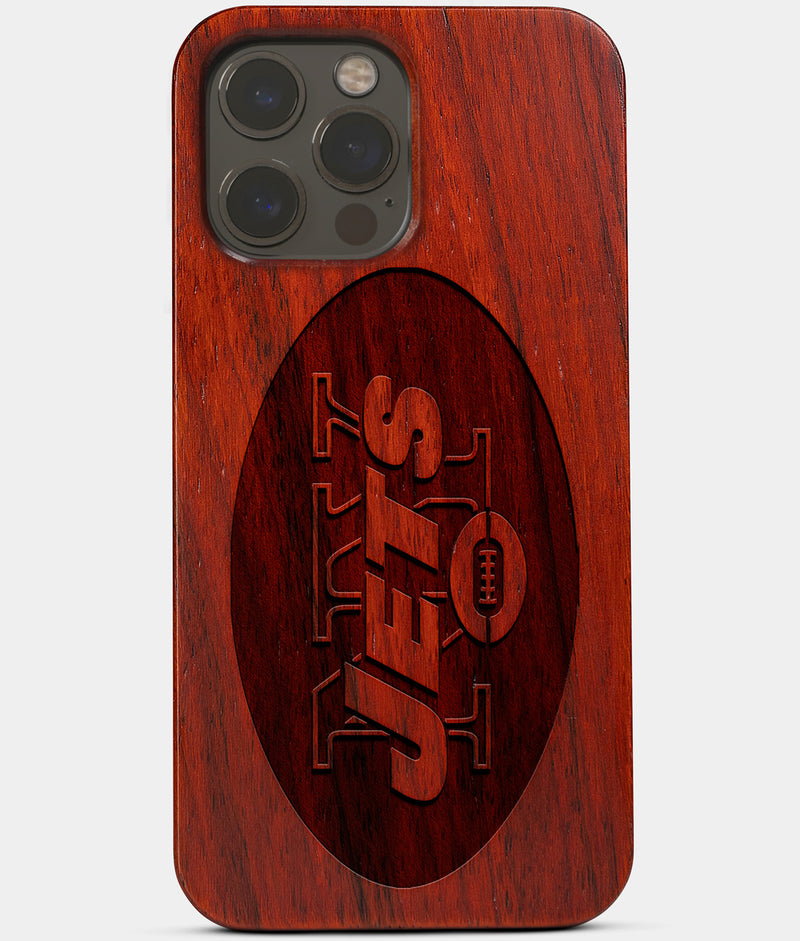 Carved Wood New York Jets iPhone 13 Pro Max Case | Custom NY Jets Gift, Birthday Gift | Personalized Mahogany Wood Cover, Gifts For Him, Monogrammed Gift For Fan | by Engraved In Nature
