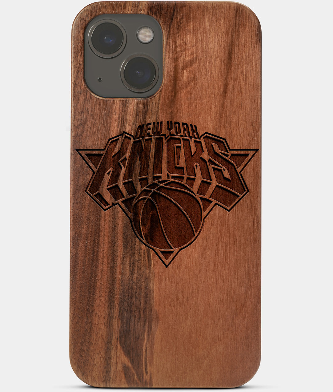 Carved Wood New York Knicks iPhone 13 Mini Case | Custom NY Knicks Gift, Birthday Gift | Personalized Mahogany Wood Cover, Gifts For Him, Monogrammed Gift For Fan | by Engraved In Nature