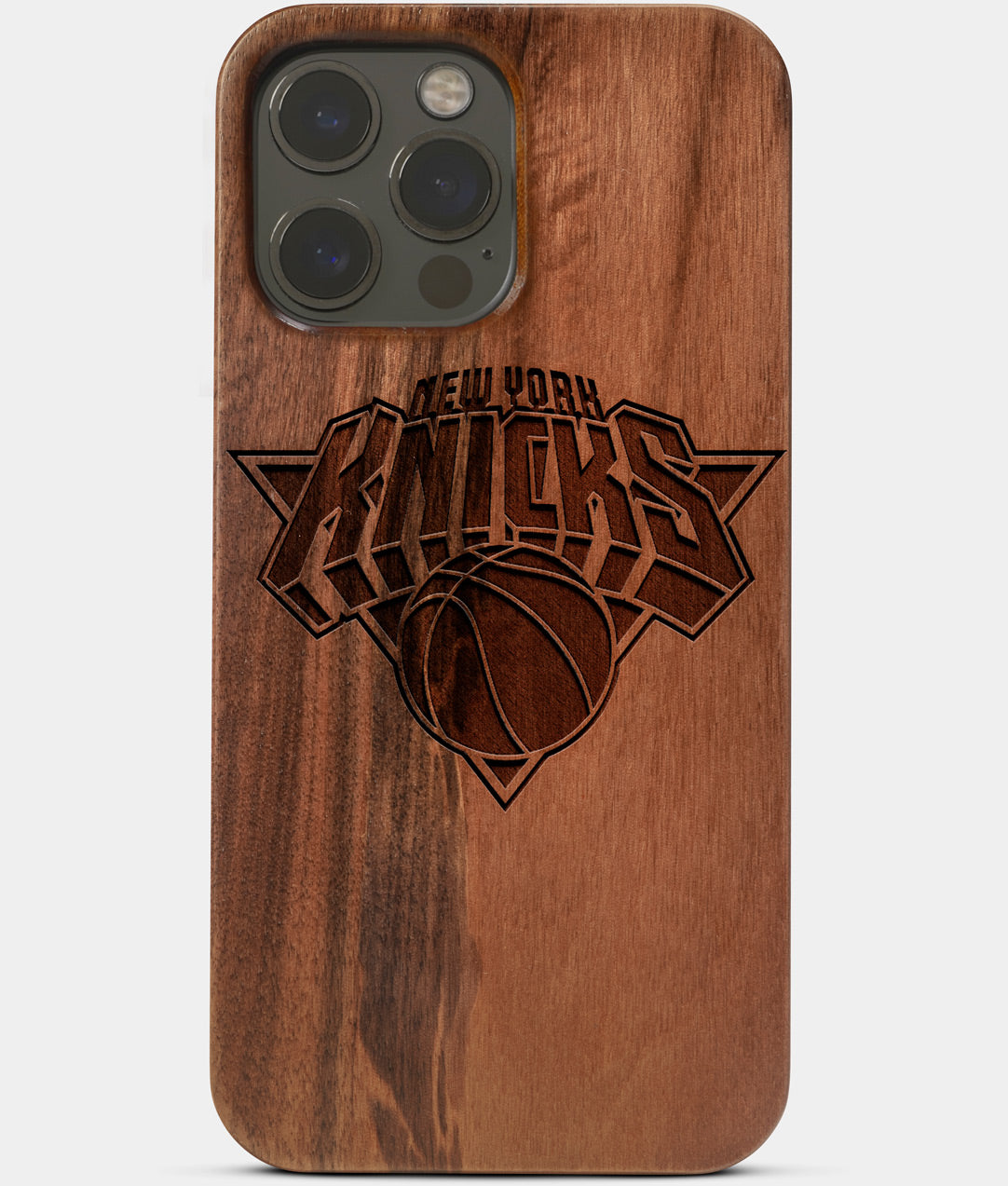 Carved Wood New York Knicks iPhone 13 Pro Max Case | Custom NY Knicks Gift, Birthday Gift | Personalized Mahogany Wood Cover, Gifts For Him, Monogrammed Gift For Fan | by Engraved In Nature