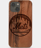 Carved Wood New York Mets iPhone 13 Case | Custom NY Mets Gift, Birthday Gift | Personalized Mahogany Wood Cover, Gifts For Him, Monogrammed Gift For Fan | by Engraved In Nature