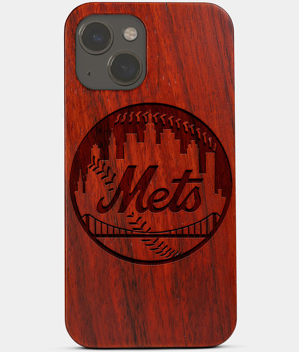 Carved Wood New York Mets iPhone 13 Mini Case | Custom NY Mets Gift, Birthday Gift | Personalized Mahogany Wood Cover, Gifts For Him, Monogrammed Gift For Fan | by Engraved In Nature