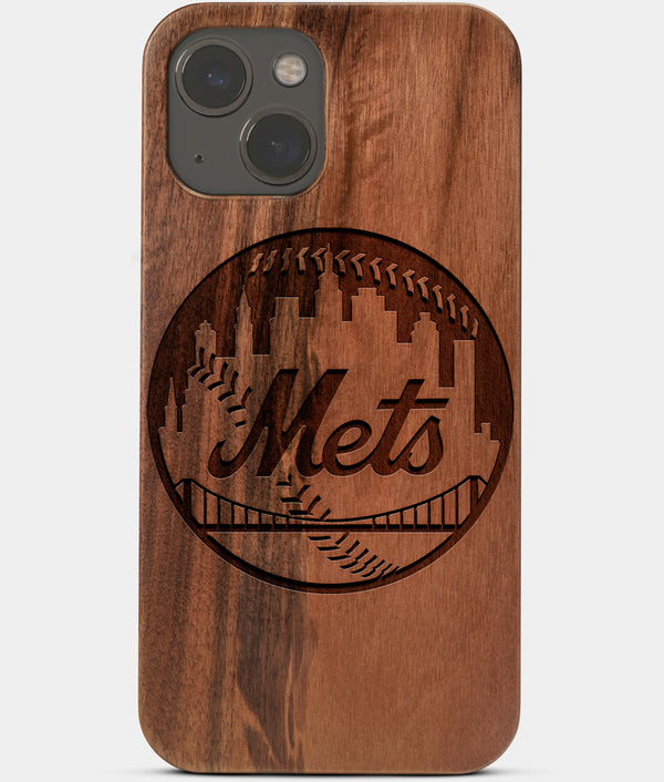 Carved Wood New York Mets iPhone 13 Mini Case | Custom NY Mets Gift, Birthday Gift | Personalized Mahogany Wood Cover, Gifts For Him, Monogrammed Gift For Fan | by Engraved In Nature