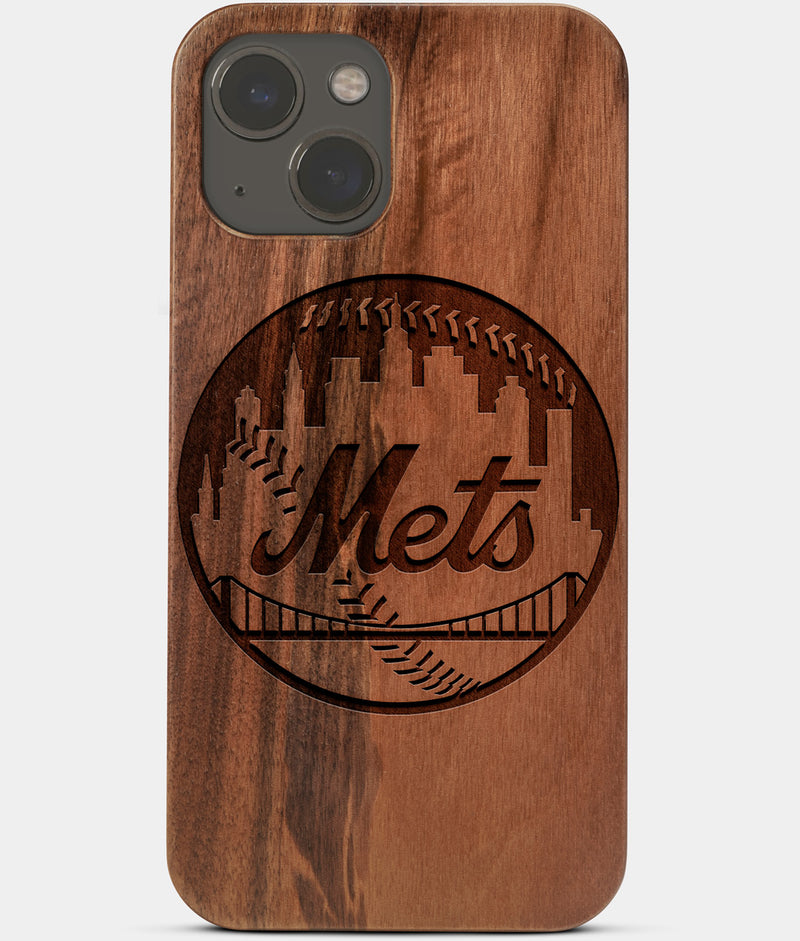 Carved Wood New York Mets iPhone 13 Mini Case | Custom NY Mets Gift, Birthday Gift | Personalized Mahogany Wood Cover, Gifts For Him, Monogrammed Gift For Fan | by Engraved In Nature