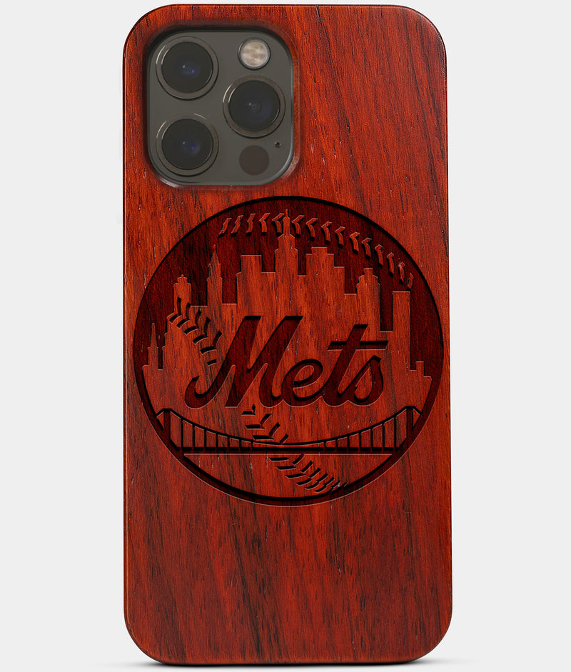 Carved Wood New York Mets iPhone 13 Pro Case | Custom NY Mets Gift, Birthday Gift | Personalized Mahogany Wood Cover, Gifts For Him, Monogrammed Gift For Fan | by Engraved In Nature