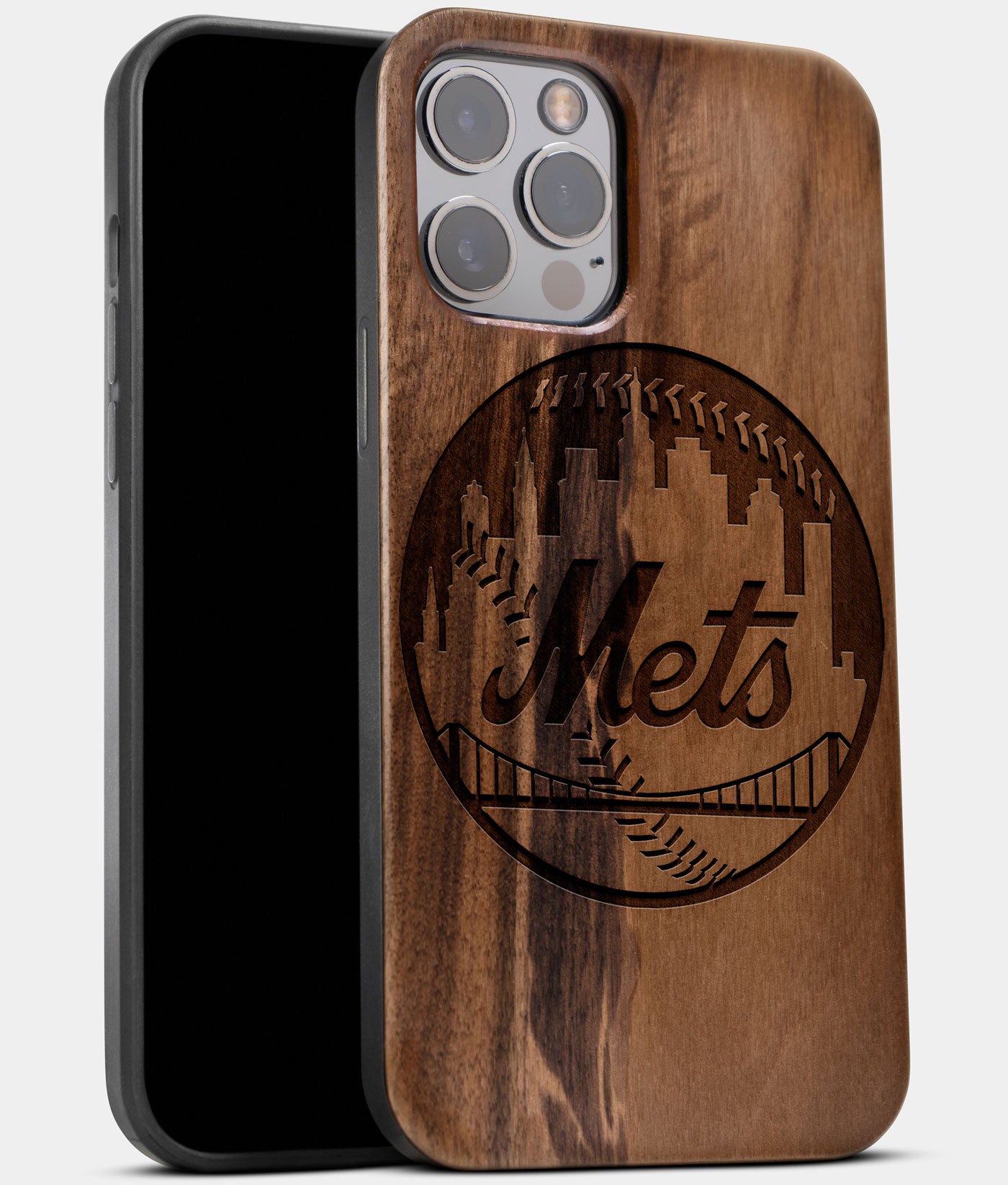 Best Wood New York Mets iPhone 13 Pro Case | Custom NY Mets Gift | Walnut Wood Cover - Engraved In Nature