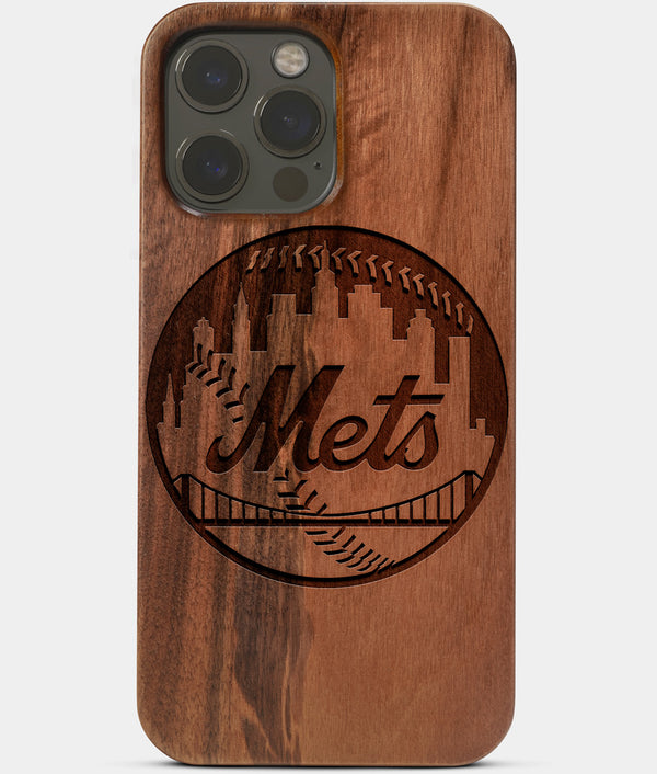 Carved Wood New York Mets iPhone 13 Pro Max Case | Custom NY Mets Gift, Birthday Gift | Personalized Mahogany Wood Cover, Gifts For Him, Monogrammed Gift For Fan | by Engraved In Nature