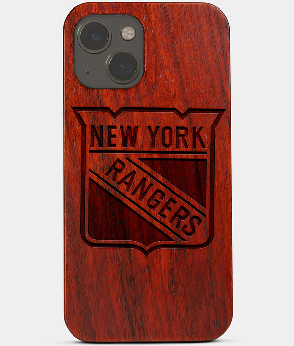 Carved Wood New York Rangers iPhone 13 Case | Custom NY Rangers Gift, Birthday Gift | Personalized Mahogany Wood Cover, Gifts For Him, Monogrammed Gift For Fan | by Engraved In Nature