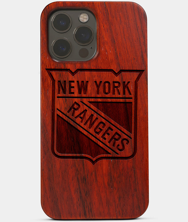 Carved Wood New York Rangers iPhone 13 Pro Case | Custom NY Rangers Gift, Birthday Gift | Personalized Mahogany Wood Cover, Gifts For Him, Monogrammed Gift For Fan | by Engraved In Nature