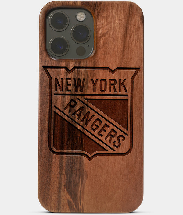 Carved Wood New York Rangers iPhone 13 Pro Max Case | Custom NY Rangers Gift, Birthday Gift | Personalized Mahogany Wood Cover, Gifts For Him, Monogrammed Gift For Fan | by Engraved In Nature