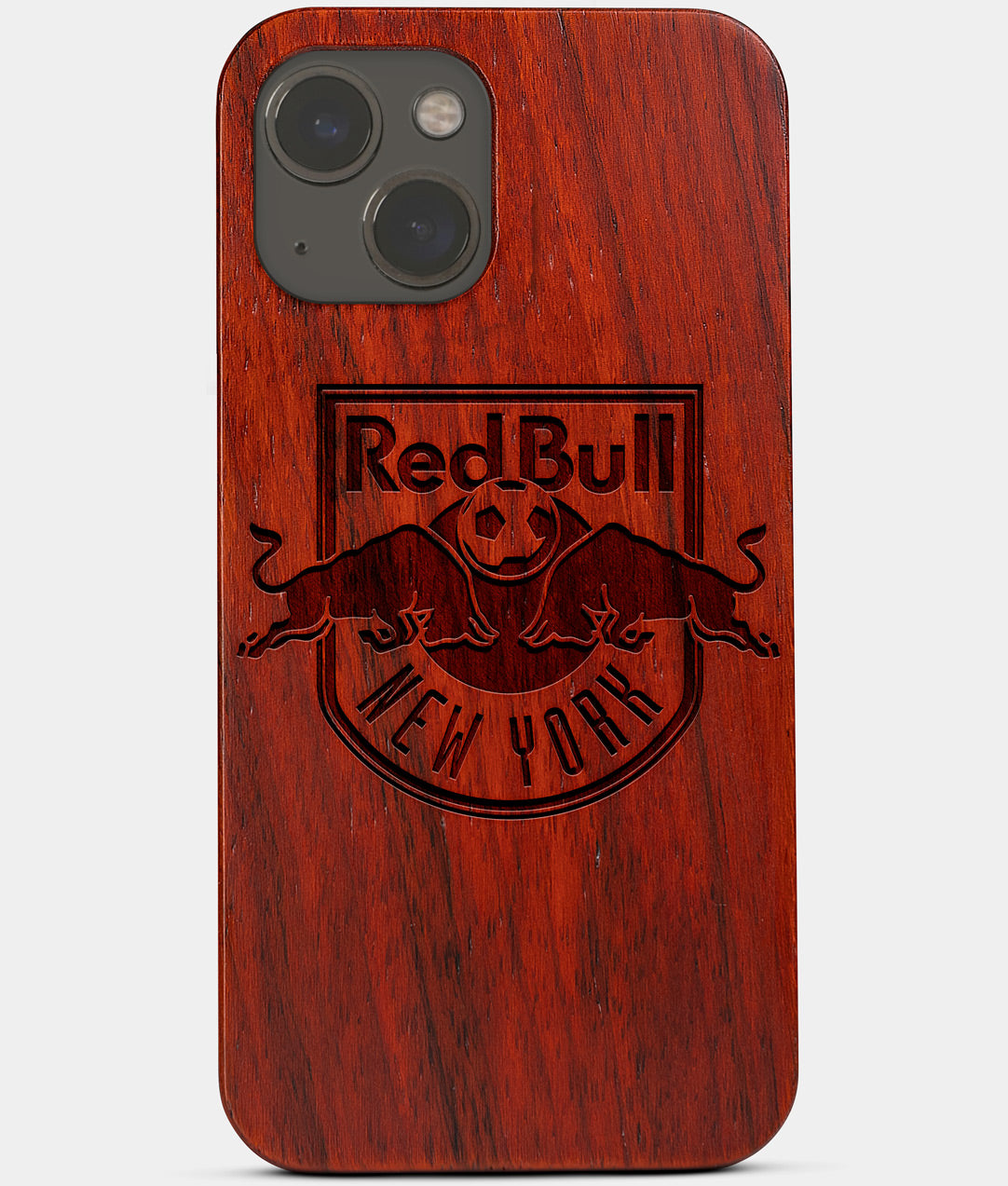 Carved Wood New York Red Bulls iPhone 13 Mini Case | Custom NY Red Bulls Gift, Birthday Gift | Personalized Mahogany Wood Cover, Gifts For Him, Monogrammed Gift For Fan | by Engraved In Nature