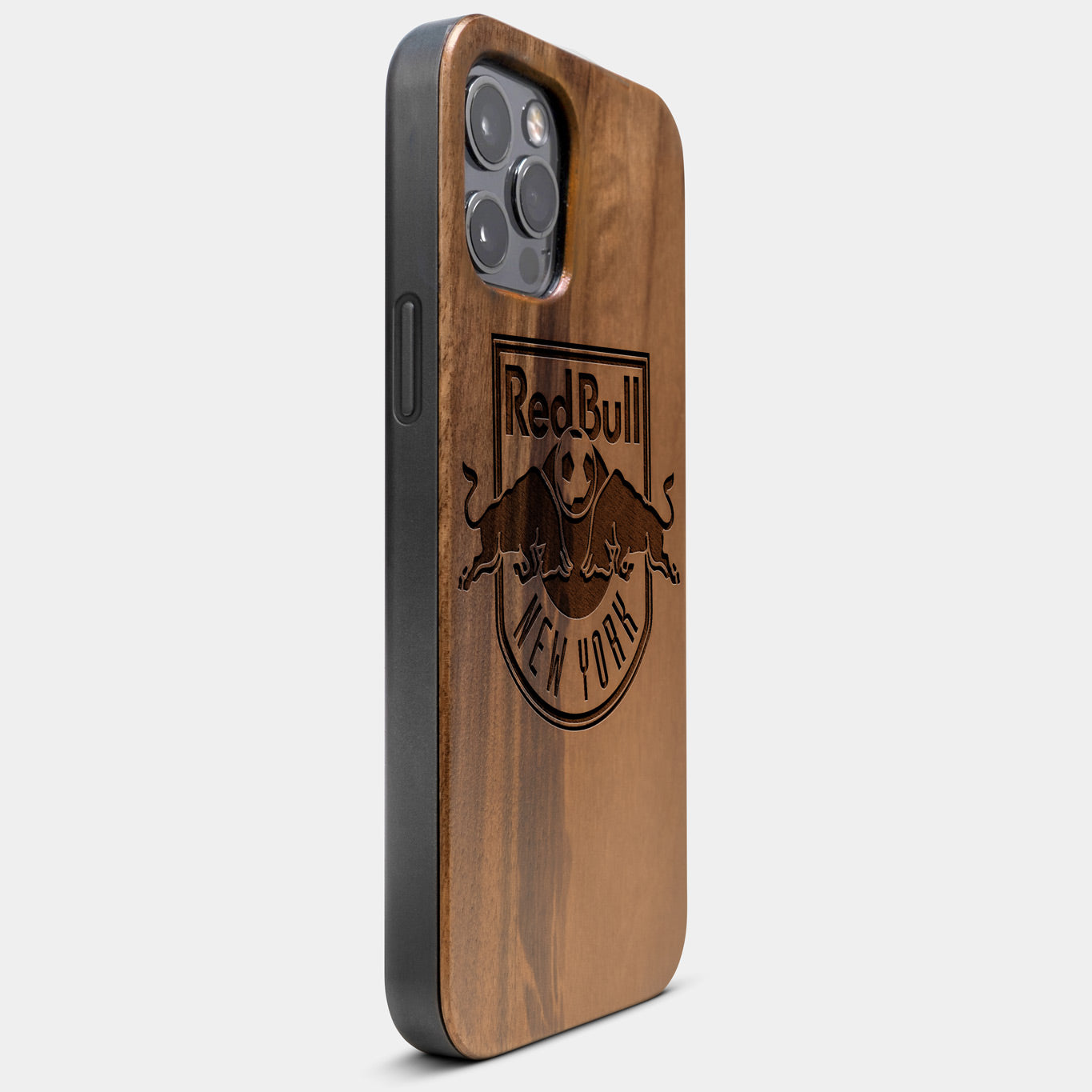 Best Wood New York Red Bulls iPhone 13 Pro Case | Custom NY Red Bulls Gift | Walnut Wood Cover - Engraved In Nature
