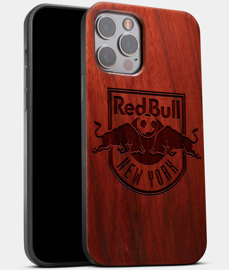 Best Wood New York Red Bulls iPhone 13 Pro Max Case | Custom NY Red Bulls Gift | Mahogany Wood Cover - Engraved In Nature