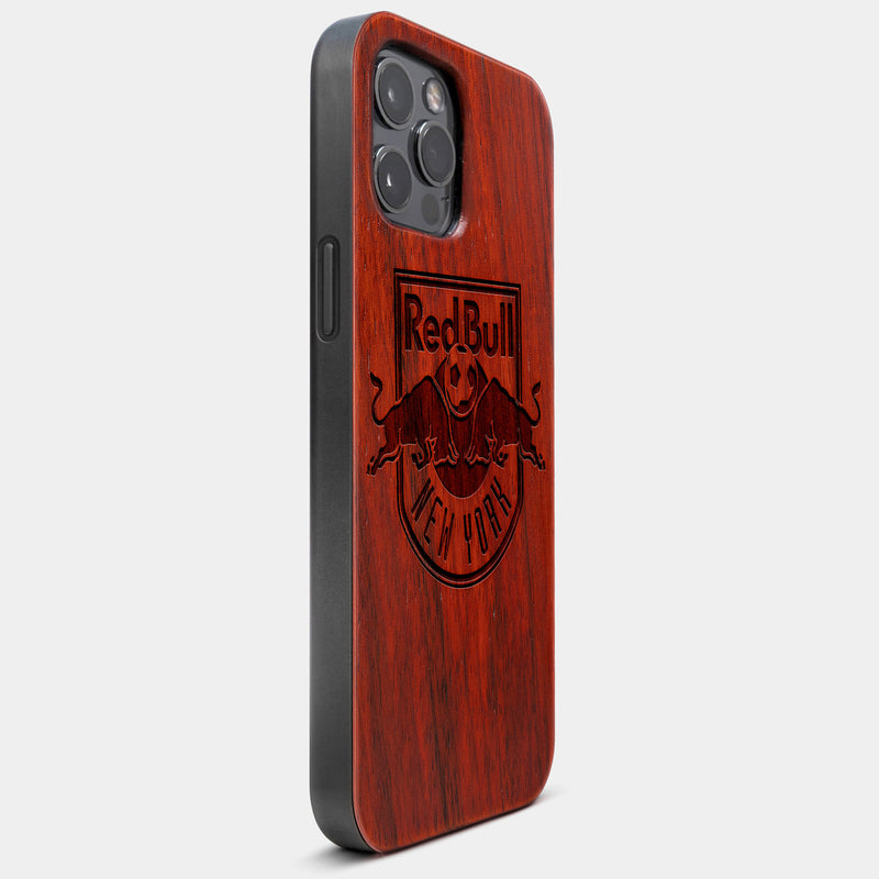 Best Wood New York Red Bulls iPhone 13 Pro Max Case | Custom NY Red Bulls Gift | Mahogany Wood Cover - Engraved In Nature