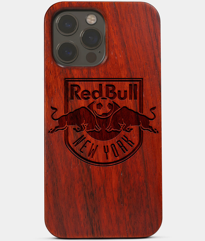 Carved Wood New York Red Bulls iPhone 13 Pro Max Case | Custom NY Red Bulls Gift, Birthday Gift | Personalized Mahogany Wood Cover, Gifts For Him, Monogrammed Gift For Fan | by Engraved In Nature