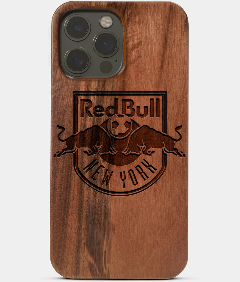 Carved Wood New York Red Bulls iPhone 13 Pro Max Case | Custom NY Red Bulls Gift, Birthday Gift | Personalized Mahogany Wood Cover, Gifts For Him, Monogrammed Gift For Fan | by Engraved In Nature