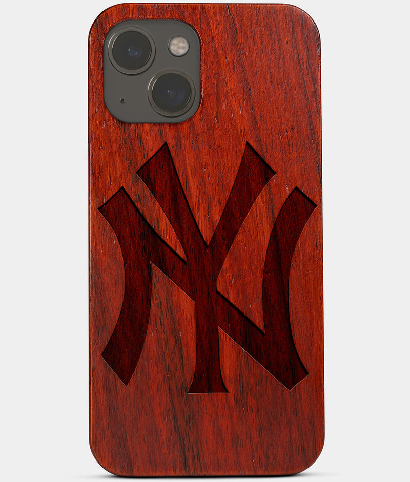 Carved Wood New York Yankees iPhone 13 Case | Classic Custom NY Yankees Gift, Birthday Gift | Personalized Mahogany Wood Cover, Gifts For Him, Monogrammed Gift For Fan | by Engraved In Nature