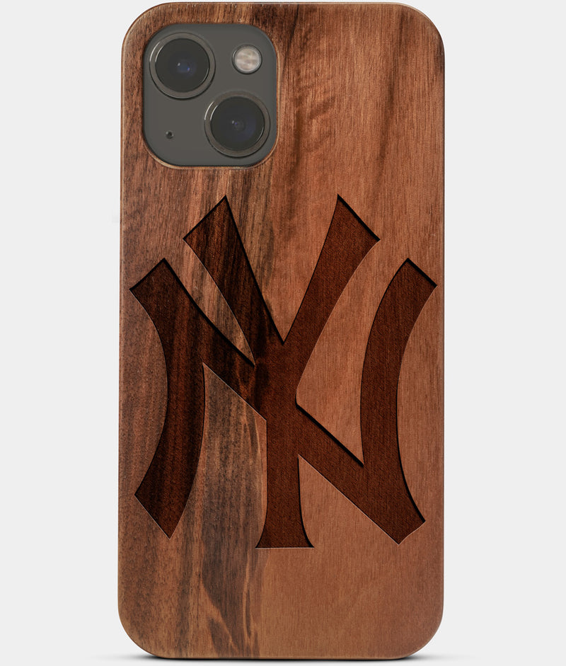 Carved Wood New York Yankees iPhone 13 Case | Custom NY Yankees Gift, Birthday Gift | Personalized Mahogany Wood Cover, Gifts For Him, Monogrammed Gift For Fan | by Engraved In Nature