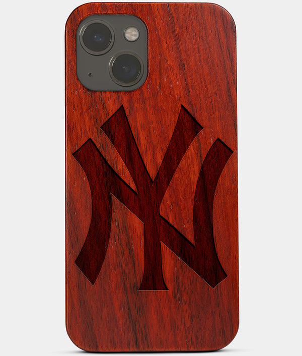 Carved Wood New York Yankees iPhone 13 Mini Case | Classic Custom NY Yankees Gift, Birthday Gift | Personalized Mahogany Wood Cover, Gifts For Him, Monogrammed Gift For Fan | by Engraved In Nature