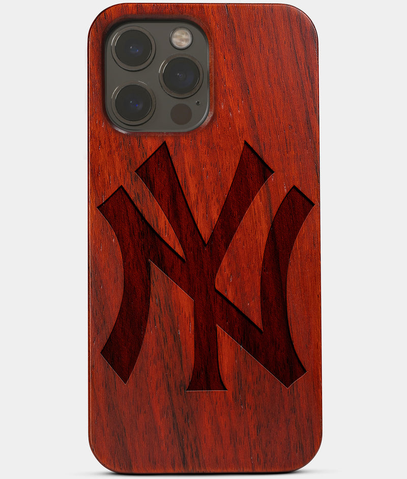 Carved Wood New York Yankees iPhone 13 Pro Case | Custom NY Yankees Gift, Birthday Gift | Personalized Mahogany Wood Cover, Gifts For Him, Monogrammed Gift For Fan | by Engraved In Nature
