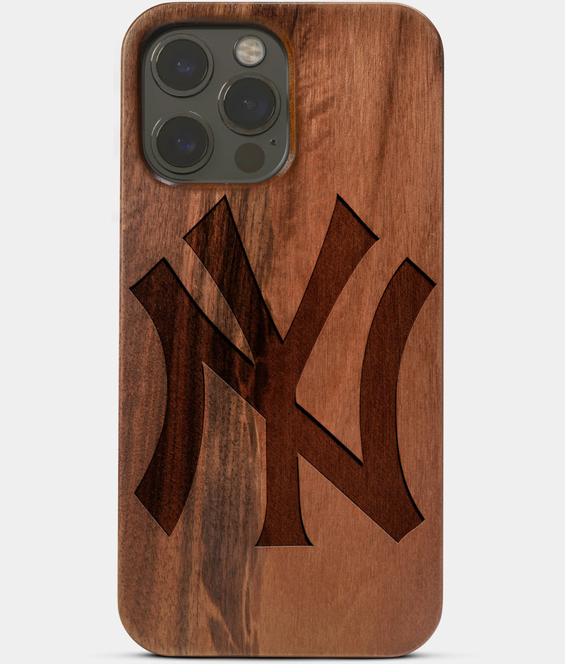 Carved Wood New York Yankees iPhone 13 Pro Max Case | Classic Custom NY Yankees Gift, Birthday Gift | Personalized Mahogany Wood Cover, Gifts For Him, Monogrammed Gift For Fan | by Engraved In Nature