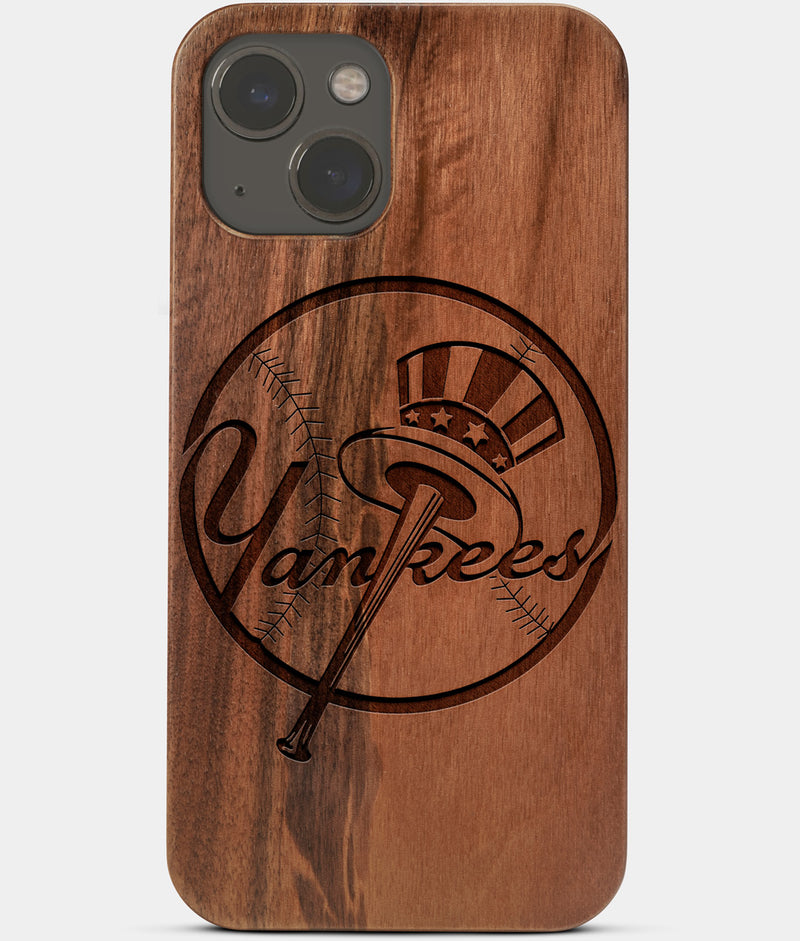 Carved Wood New York Yankees iPhone 13 Case | Custom Classic NY Yankees Gift, Birthday Gift | Personalized Mahogany Wood Cover, Gifts For Him, Monogrammed Gift For Fan | by Engraved In Nature