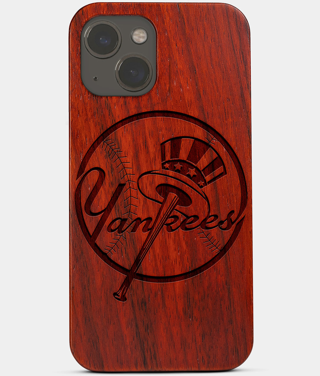 Carved Wood New York Yankees iPhone 13 Mini Case | Custom NY Yankees Gift, Birthday Gift | Personalized Mahogany Wood Cover, Gifts For Him, Monogrammed Gift For Fan | by Engraved In Nature