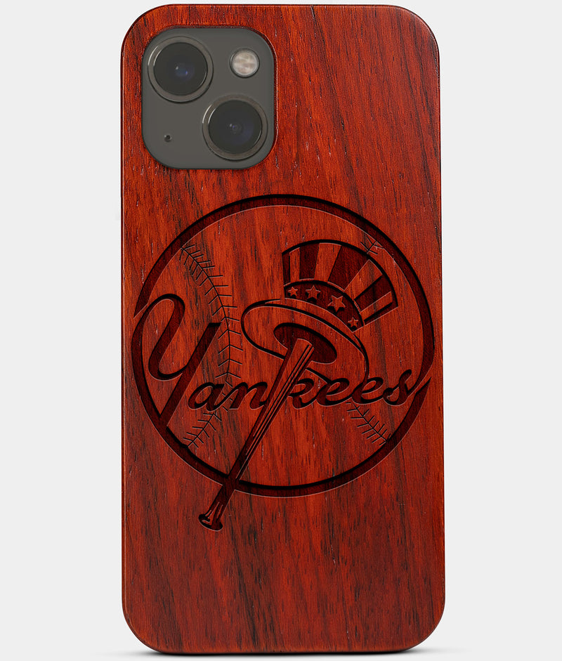 Carved Wood New York Yankees iPhone 13 Mini Case | Custom NY Yankees Gift, Birthday Gift | Personalized Mahogany Wood Cover, Gifts For Him, Monogrammed Gift For Fan | by Engraved In Nature