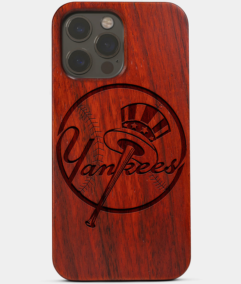 Carved Wood New York Yankees iPhone 13 Pro Case | CustomClassic NY Yankees Gift, Birthday Gift | Personalized Mahogany Wood Cover, Gifts For Him, Monogrammed Gift For Fan | by Engraved In Nature