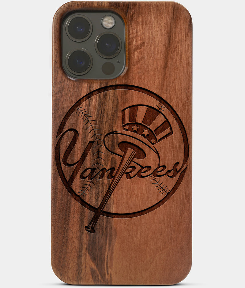 Carved Wood New York Yankees iPhone 13 Pro Case | Custom NY Yankees Gift, Birthday Gift | Personalized Mahogany Wood Cover, Gifts For Him, Monogrammed Gift For Fan | by Engraved In Nature