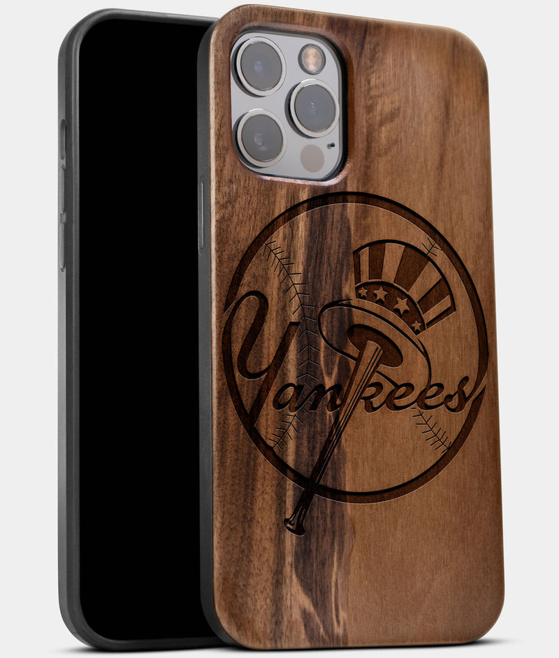 Wood New York Yankees iPhone 13 Pro Max Case | Ecofriendly Custom NY Yankees Gift | Yankees Christmas Gifts | Yankees Birthday Gifts Walnut Wood Cover - Sustainable Yankees Gifts For Men Best 2022 Yankees Gifts- Engraved In Nature