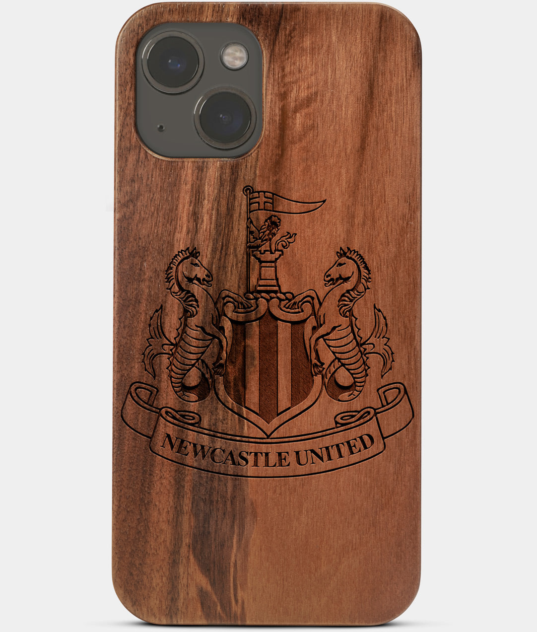 Carved Wood Newcastle United F.C. iPhone 13 Case | Custom Newcastle United F.C. Gift, Birthday Gift | Personalized Mahogany Wood Cover, Gifts For Him, Monogrammed Gift For Fan | by Engraved In Nature