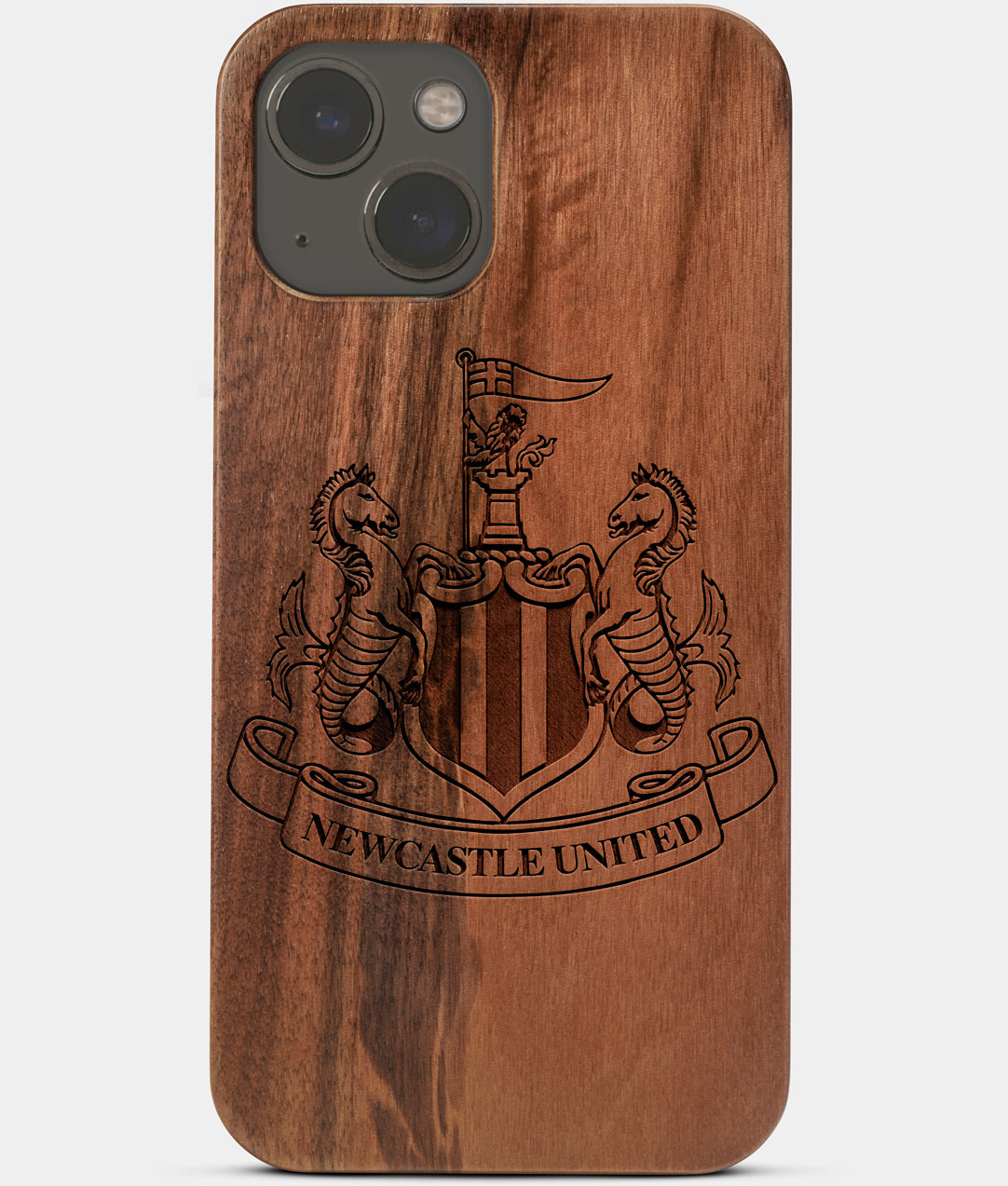 Carved Wood Newcastle United F.C. iPhone 13 Mini Case | Custom Newcastle United F.C. Gift, Birthday Gift | Personalized Mahogany Wood Cover, Gifts For Him, Monogrammed Gift For Fan | by Engraved In Nature