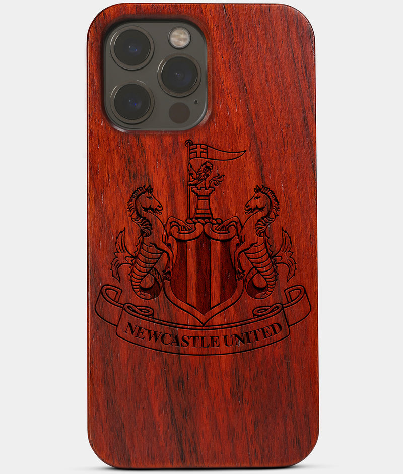 Carved Wood Newcastle United F.C. iPhone 13 Pro Max Case | Custom Newcastle United F.C. Gift, Birthday Gift | Personalized Mahogany Wood Cover, Gifts For Him, Monogrammed Gift For Fan | by Engraved In Nature