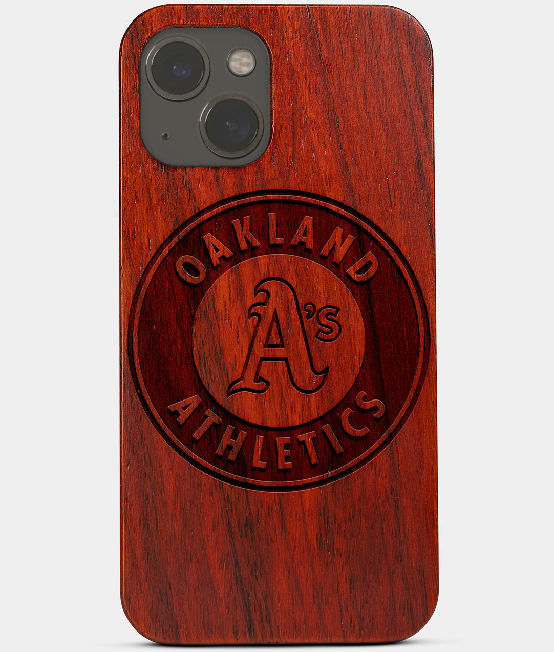 Carved Wood Oakland Athletics iPhone 13 Mini Case | Custom Oakland Athletics Gift, Birthday Gift | Personalized Mahogany Wood Cover, Gifts For Him, Monogrammed Gift For Fan | by Engraved In Nature