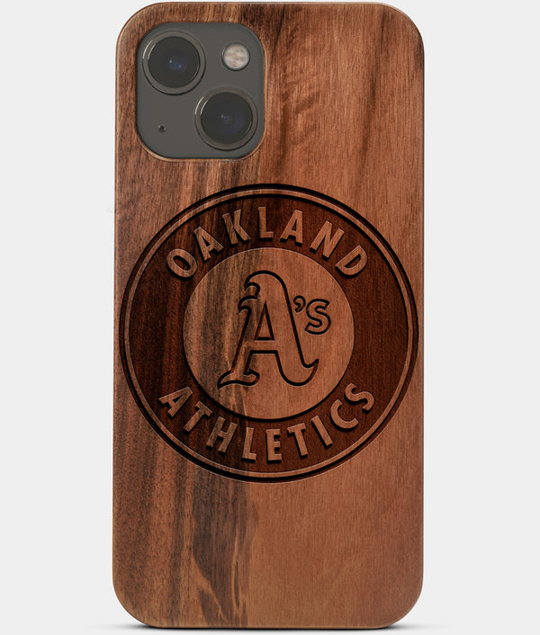 Carved Wood Oakland Athletics iPhone 13 Mini Case | Custom Oakland Athletics Gift, Birthday Gift | Personalized Mahogany Wood Cover, Gifts For Him, Monogrammed Gift For Fan | by Engraved In Nature