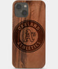 Carved Wood Oakland Athletics iPhone 13 Mini Case | Custom Oakland Athletics Gift, Birthday Gift | Personalized Mahogany Wood Cover, Gifts For Him, Monogrammed Gift For Fan | by Engraved In Nature