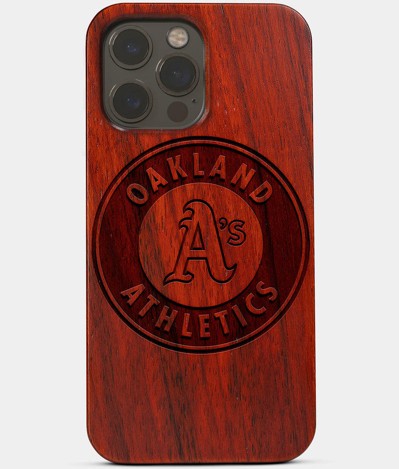 Carved Wood Oakland Athletics iPhone 13 Pro Case | Custom Oakland Athletics Gift, Birthday Gift | Personalized Mahogany Wood Cover, Gifts For Him, Monogrammed Gift For Fan | by Engraved In Nature