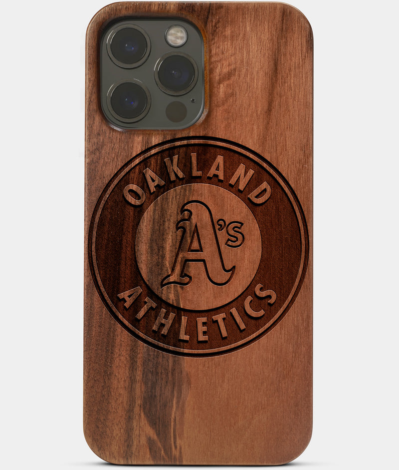 Carved Wood Oakland Athletics iPhone 13 Pro Case | Custom Oakland Athletics Gift, Birthday Gift | Personalized Mahogany Wood Cover, Gifts For Him, Monogrammed Gift For Fan | by Engraved In Nature