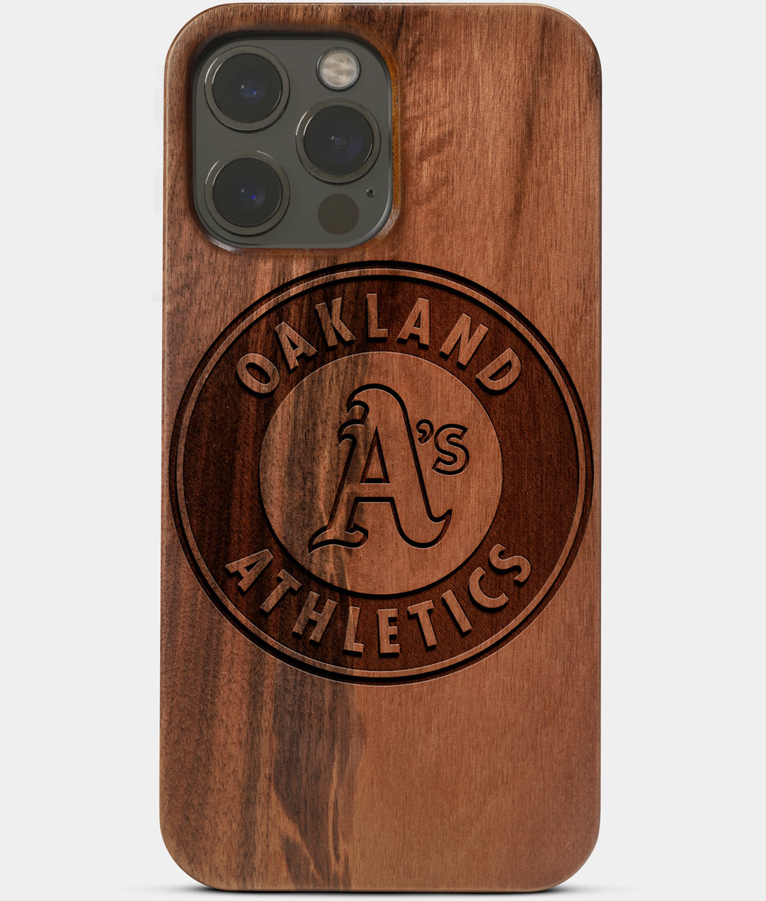 Carved Wood Oakland Athletics iPhone 13 Pro Max Case | Custom Oakland Athletics Gift, Birthday Gift | Personalized Mahogany Wood Cover, Gifts For Him, Monogrammed Gift For Fan | by Engraved In Nature