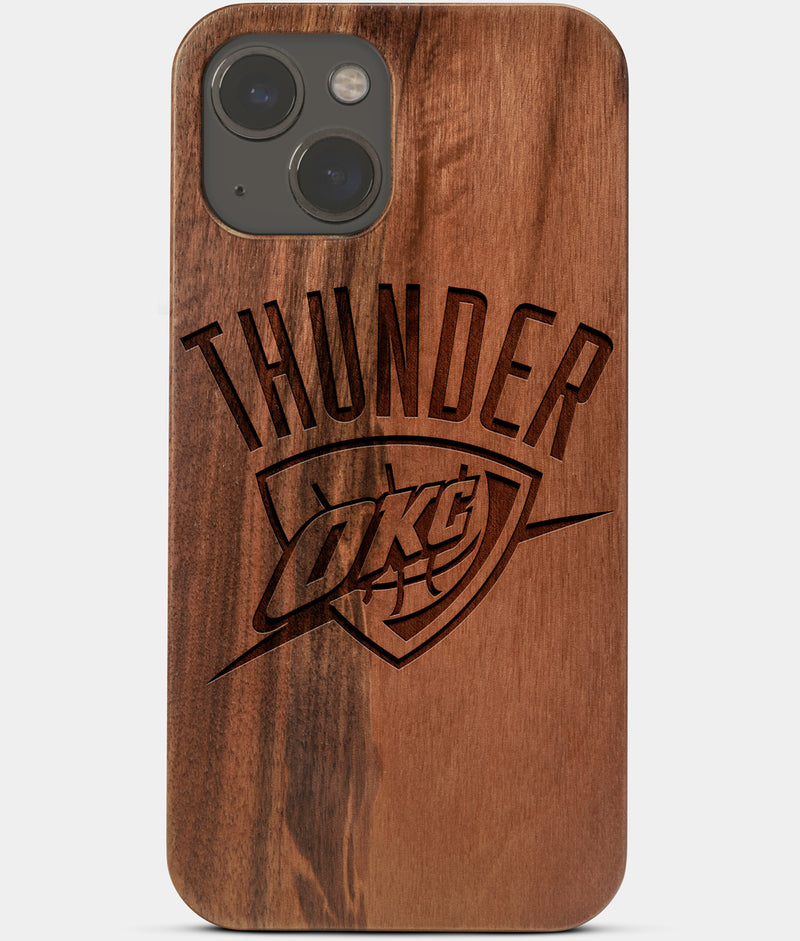 Carved Wood OKC Thunder iPhone 13 Case | Custom OKC Thunder Gift, Birthday Gift | Personalized Mahogany Wood Cover, Gifts For Him, Monogrammed Gift For Fan | by Engraved In Nature