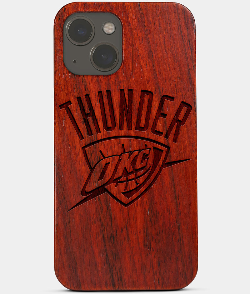 Carved Wood OKC Thunder iPhone 13 Mini Case | Custom OKC Thunder Gift, Birthday Gift | Personalized Mahogany Wood Cover, Gifts For Him, Monogrammed Gift For Fan | by Engraved In Nature