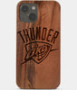 Carved Wood OKC Thunder iPhone 13 Mini Case | Custom OKC Thunder Gift, Birthday Gift | Personalized Mahogany Wood Cover, Gifts For Him, Monogrammed Gift For Fan | by Engraved In Nature