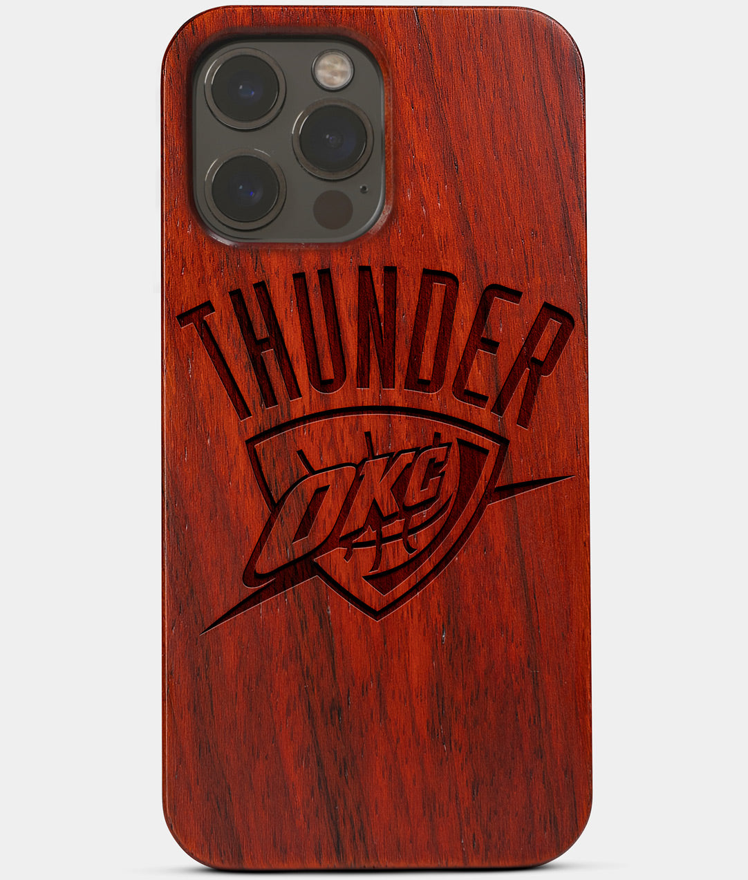 Carved Wood OKC Thunder iPhone 13 Pro Case | Custom OKC Thunder Gift, Birthday Gift | Personalized Mahogany Wood Cover, Gifts For Him, Monogrammed Gift For Fan | by Engraved In Nature