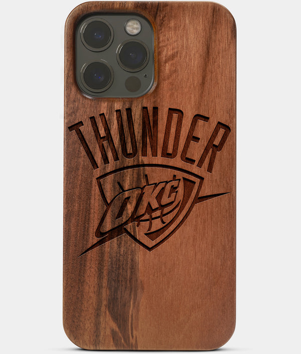Carved Wood OKC Thunder iPhone 13 Pro Case | Custom OKC Thunder Gift, Birthday Gift | Personalized Mahogany Wood Cover, Gifts For Him, Monogrammed Gift For Fan | by Engraved In Nature