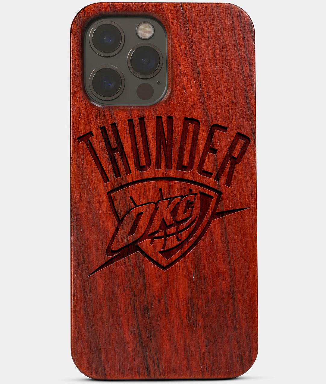 Carved Wood OKC Thunder iPhone 13 Pro Max Case | Custom OKC Thunder Gift, Birthday Gift | Personalized Mahogany Wood Cover, Gifts For Him, Monogrammed Gift For Fan | by Engraved In Nature